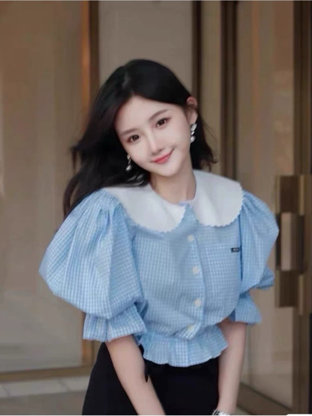 Miu Miu Light Blue Gingham Blouse with Scalloped White Peter Pan Collar - Picture 6 of 6
